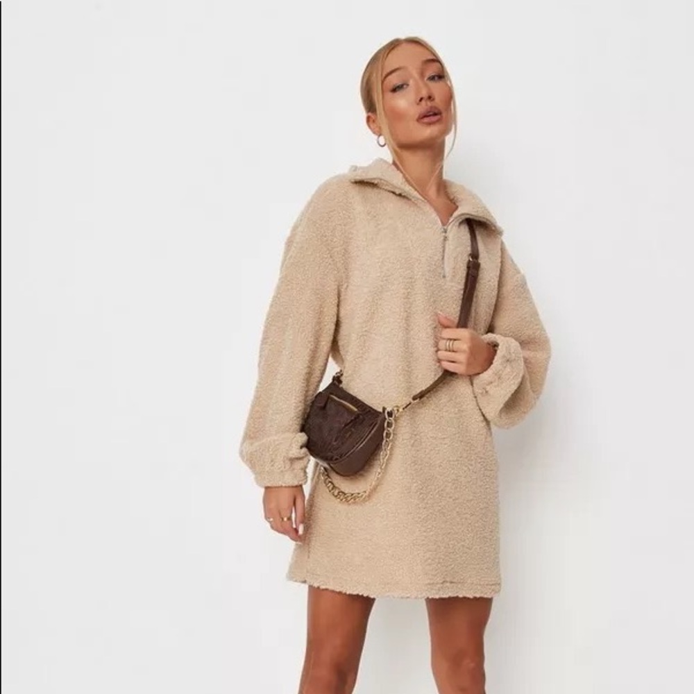 Stone half zip borg sweater dress